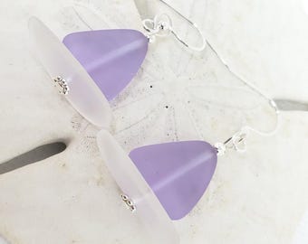 Periwinkle Sea Glass Sailboat Earrings: Nautical Silver Plated Jewelry