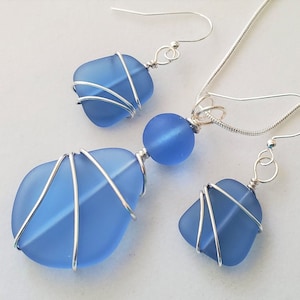 Sea glass jewelry Set, Soft SAPPHIRE BLUE sea glass, silver necklace earrings, Beach glass pendant, earrings jewelry set, Bridesmaid jewelry