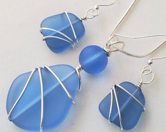 Sea glass jewelry Set, Soft SAPPHIRE BLUE sea glass, silver necklace earrings, Beach glass pendant, earrings jewelry set, Bridesmaid jewelry