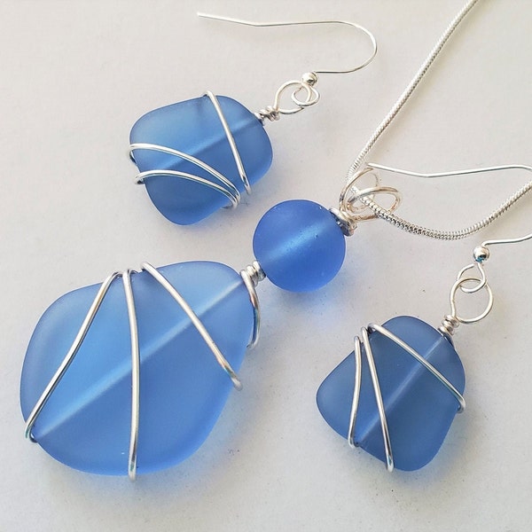 Sea glass jewelry Set, Soft SAPPHIRE BLUE sea glass, silver necklace earrings, Beach glass pendant, earrings jewelry set, Bridesmaid jewelry