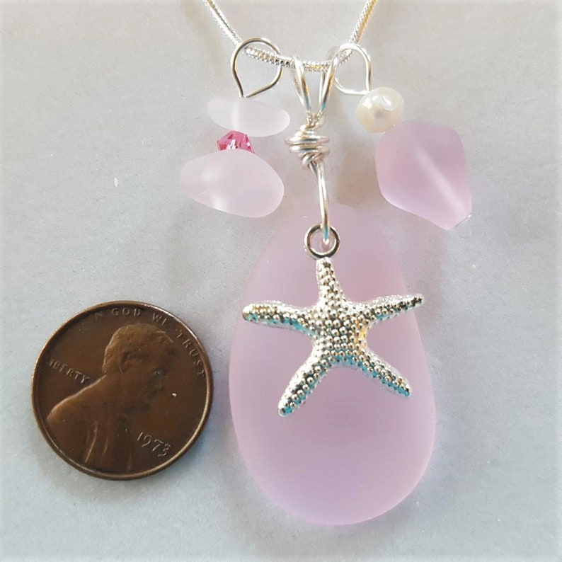 bridesmaid silver seaglass necklace beach glass pendant Starfish necklace seaglass pendant 18 chain Pink Sea glass necklace jewelry