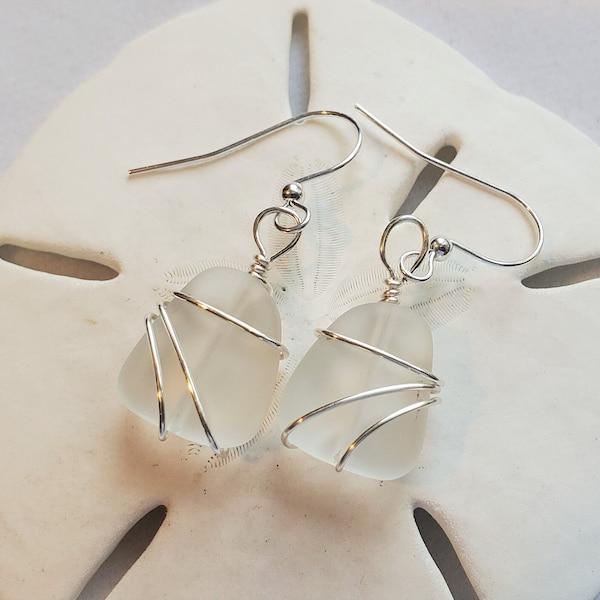 Frosted Crystal sea glass earrings jewelry, Petite Clear matted beach glass earrings, Silver wrapped Sea glass 1" earrings, Handmade in USA