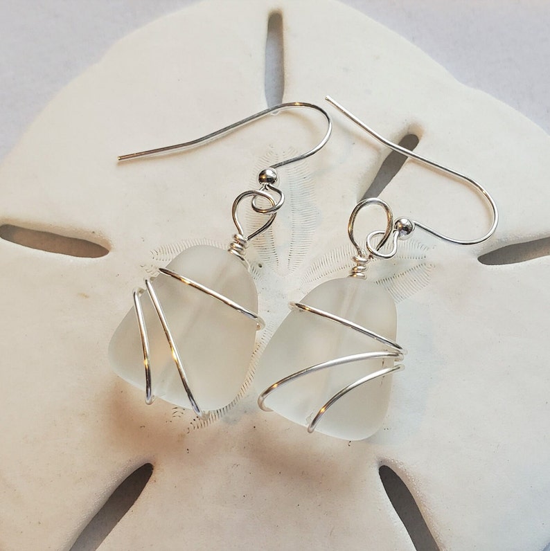 Frosted Crystal sea glass earrings jewelry, Petite Clear matted beach glass earrings, Silver wrapped Sea glass 1 earrings, Handmade in USA image 1