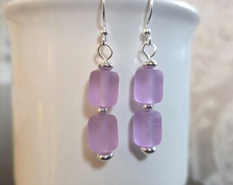 Perwinkle Purple sea glass earrings, soft Lilac dangle barrel earrings, 1.25" long beach glass dangle Bridesmaid jewelry earrings gift