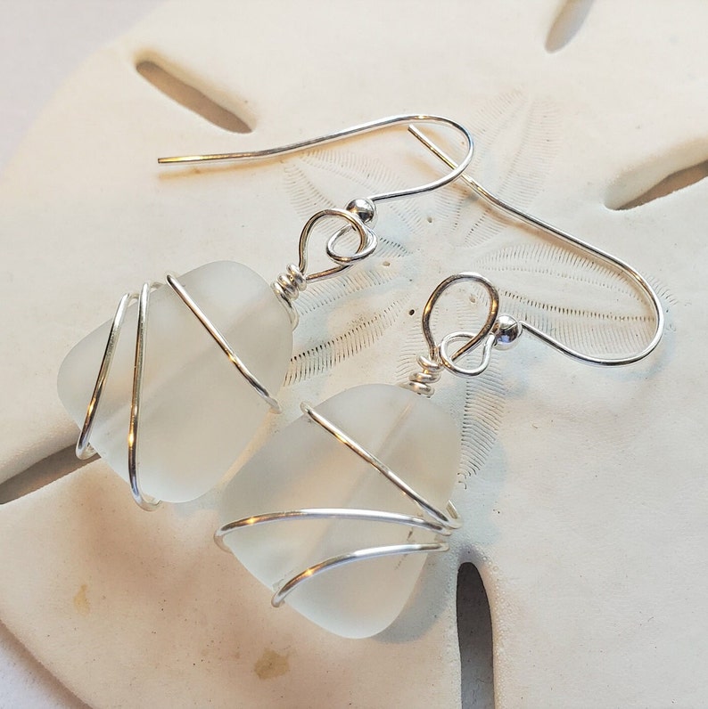 Frosted Crystal sea glass earrings jewelry, Petite Clear matted beach glass earrings, Silver wrapped Sea glass 1 earrings, Handmade in USA image 4