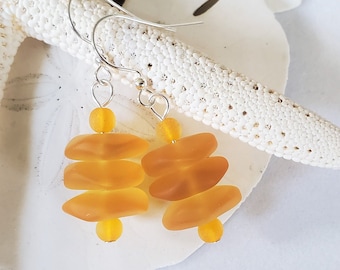 Copper yellow sea glass earrings jewelry, Golden beach glass earrings, Dangle Bridesmaid beachie gift, seaglass earrings