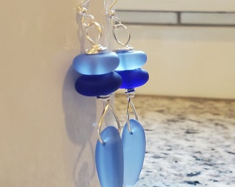 Sea glass jewelry, Dangle SAPPHIRE, COBALT BLUE sea glass earrings,  2.5" Blue beach glass earrings| Long Dangle Bridesmaid earrings