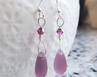 Purple Amethyst petite dangle sea glass earrings, Swarovski crystal purple beach glass jewelry, petite bridesmaid beachie 1.2" earrings gift