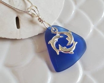 Sapphire Blue sea glass necklace jewelry, beach glass Dolphin pendant necklace,  seaglass pendant + 18" chain, bridesmaid  seaglass necklace