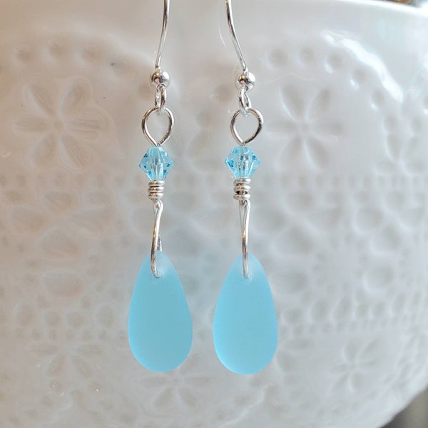 Turquoise Blue sea glass earrings, dainty dangle sea glass jewelry,  1.2" beach glass Swarovski earrings, Bridesmaid beachie petite earrings