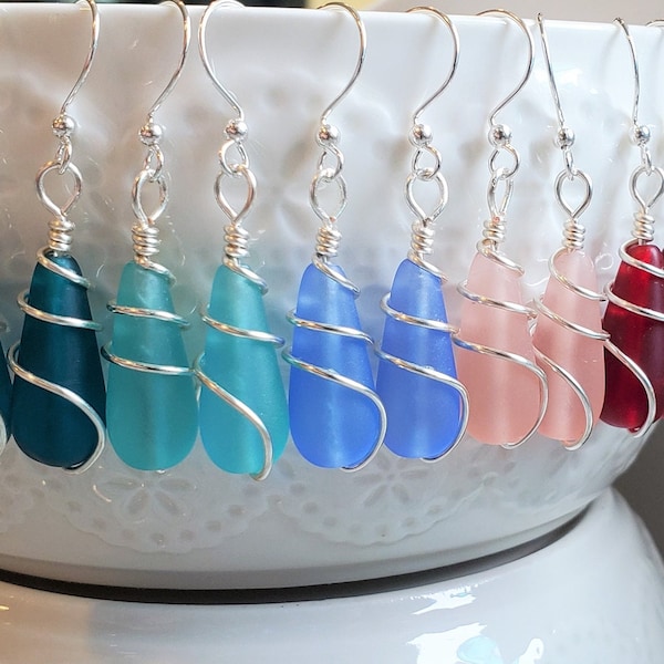 Pick Your Color Wrapped Teardrop sea glass earrings,  Seaglass 1.2" dangle earrings Bridesmaid gift, Beach glass earrings jewelry