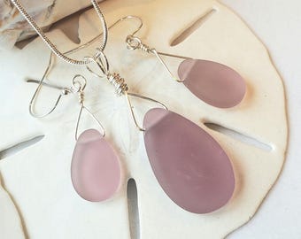 Soft Amethyst Purple sea glass jewelry set, frosted pear teardrop sea glass necklace earrings, Beach glass pendant earrings, Bridesmaid gift
