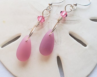Pink petite dangle sea glass earrings, Swarovski crystal frosted rose beach glass jewelry, petite bridesmaid beachie earrings gift