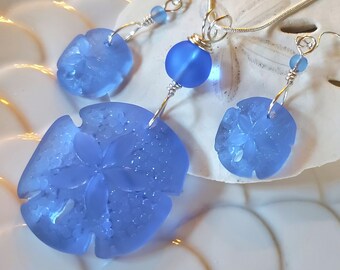 Soft Sapphire sea glass jewelry set, large Blue Sand Dollar sea beach glass pendant necklace match earrings, Bridesmaid beachie jewelry gift