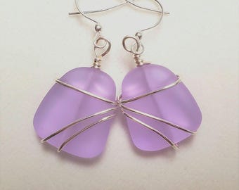 Large Periwinkle Purple sea glass earrings jewelry, beach glass earrings, silver wrapped sea glass 1.2" drop dangle earrings Bridesmaid gift