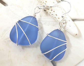 Large Sapphire Blue Sea Glass Earrings, Silver Wire Wrapped Jewelry