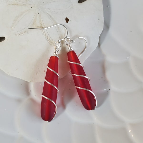 Deep Red long dangle sea glass earrings, silver wrapped 2" teardrop sea glass earrings, Beach glass jewelry, Valentine gift