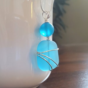 Sea glass jewelry, PACIFIC BLUE beach glass silver hand-wrapped necklace, Sea Glass Necklace Pendant, Bridesmaid seaglass necklace