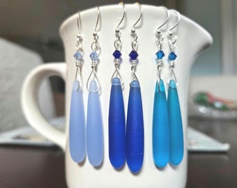 Dangle sea glass crystal earrings, Pick-Your-Color sea glass Bridesmaid jewelry, 2" long dangle seaglass earrings beachie colors