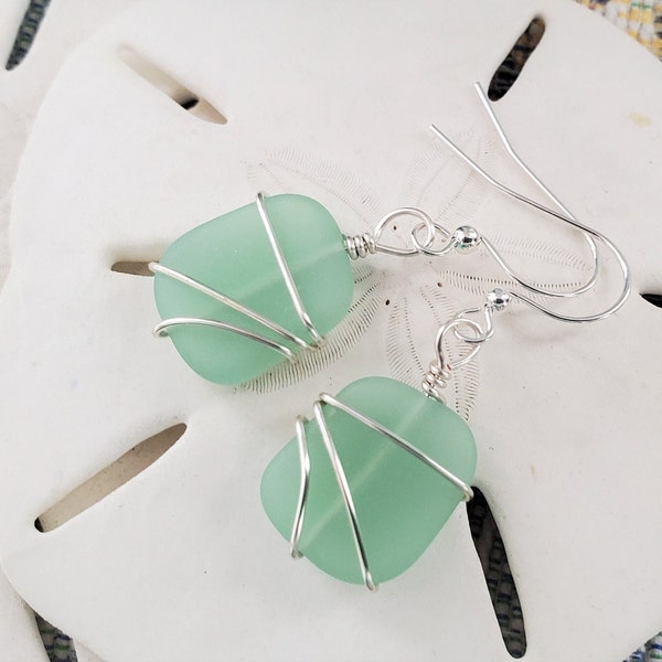 Petite Opaque Seafoam sea glass earrings jewelry, Green beach glass earrings, Silver wrapped Sea glass 1" earrings, Bridesmaid beachie gift