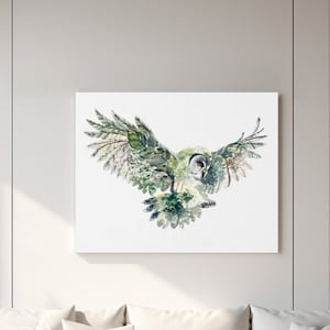 Flying Owl Made of Trees and Leaves, Bird Animal Illusion, Wrapped Canvas, Owl Wall Art