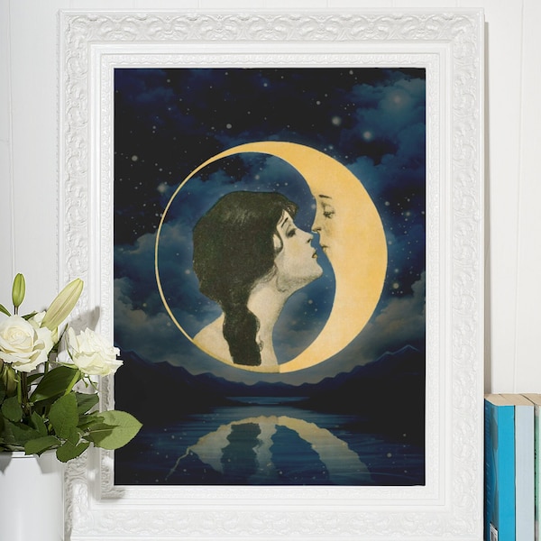 Printable Woman Kissing Moon Digital Download, Dear Old Dixie Moon,Man in the moon, Antique Moon Face, Art Deco, Crescent Moon, Celestial