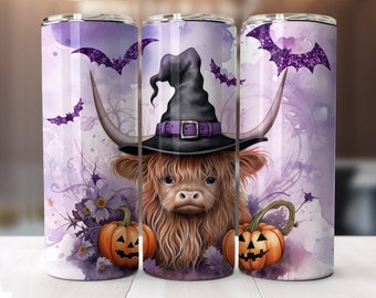 Baby Highland Cow Witch Halloween Tumbler Wrap, 20 oz Skinny Tumbler Sublimation Designs Straight, PNG, Instant Digital Download