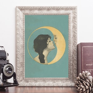 Vintage Woman Kissing Moon Poster / Print, Dear Old Dixie Moon, Man in the moon, Antique Moon Face, Art Nouveau, Art Deco, Crescent Moon