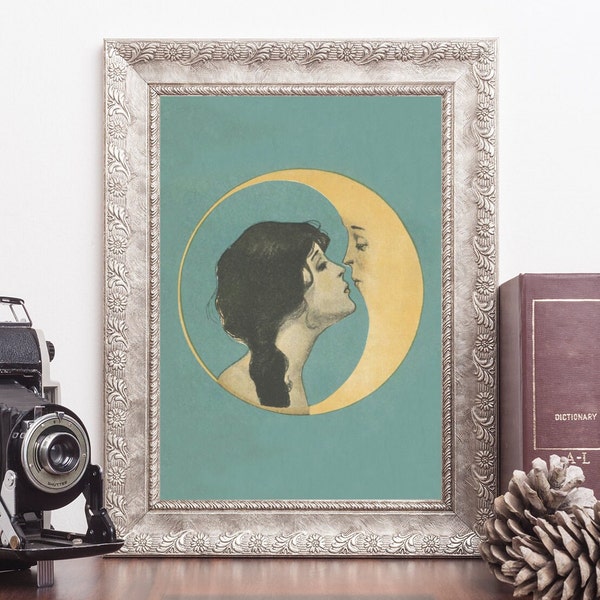 Vintage Woman Kissing Moon Poster / Print, Dear Old Dixie Moon, Man in the moon, Antique Moon Face, Art Nouveau, Art Deco, Crescent Moon