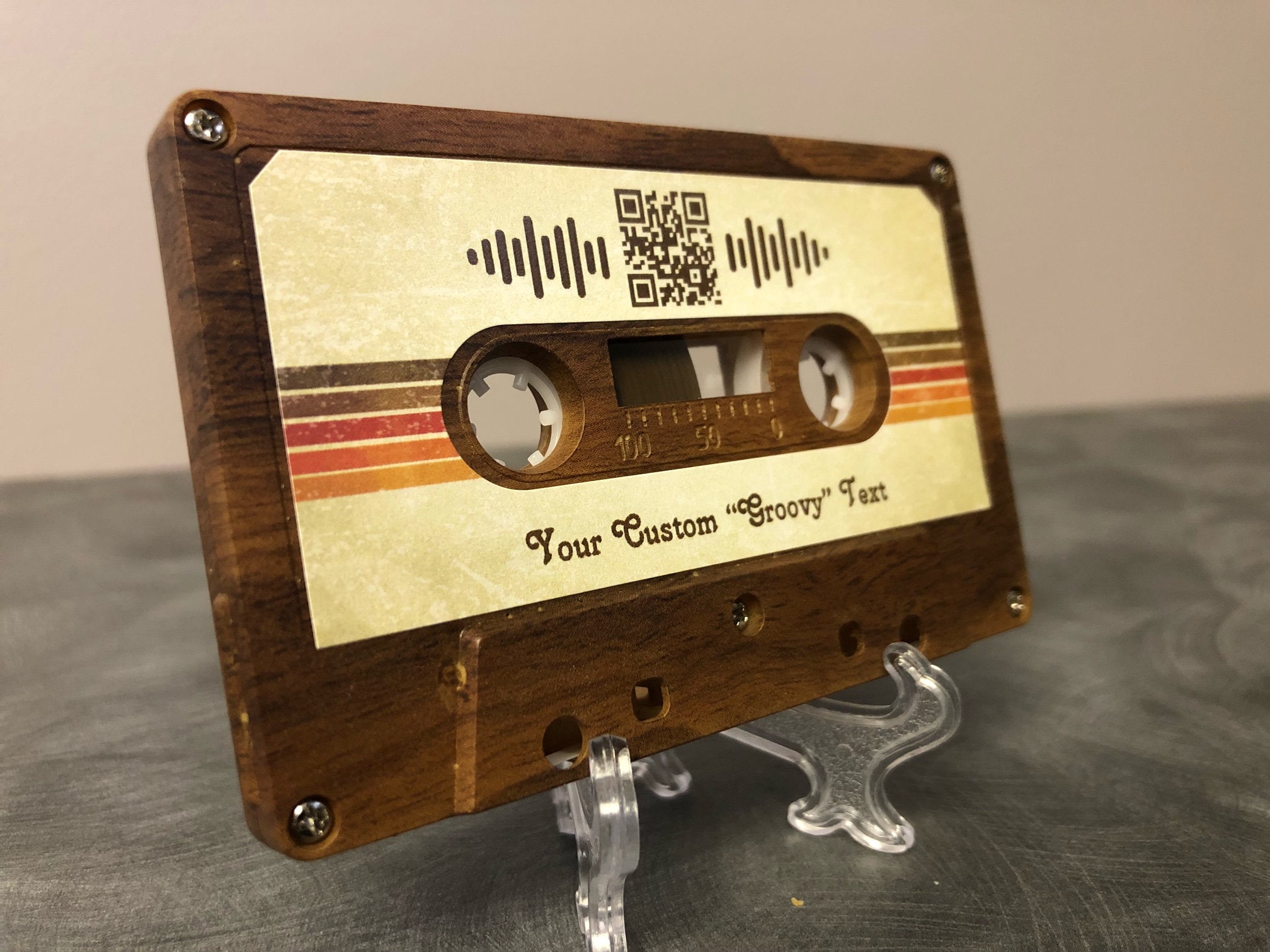 Spotify or Apple Music QR Code Playlist/Song, Retro Wood-like Cassett…