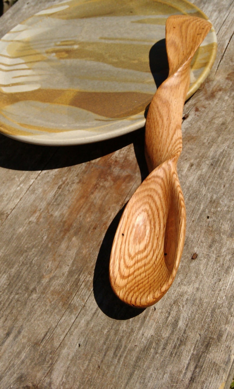 Wood Spoon, Hand-Carved Oak Spoon, Spiral Handle Wood Spoon, Hefty Spoon, Twist Handle Wood Spoon, Carved Oak Spoon free shipping image 1