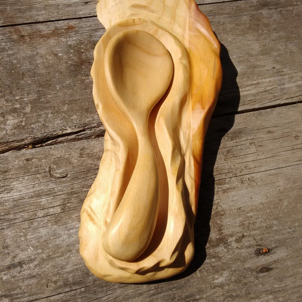 Wood Spoon and Fitted Spoon Rest, Wood Spoon and Wood Rest, Hand-Carved Wood Spoon and Matching Rest, Repurposed Wood Spoon - Free Shipping