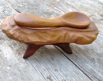 Wood Spoon Elevated Rest, Wooden Spoon and Rest Sculpture, Spoon Rest On Legs, Raised Wood Spoon Rest and Spoon,  Wood Spoon free shipping