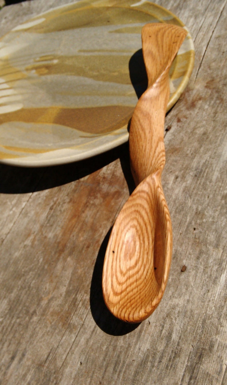 Wood Spoon, Hand-Carved Oak Spoon, Spiral Handle Wood Spoon, Hefty Spoon, Twist Handle Wood Spoon, Carved Oak Spoon free shipping image 2