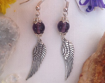 Amethyst Angel Wing Earrings Gemstone Crystal Reiki Healing Pagan Wicca Witch Witchcraft Shamanic