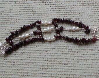 White Cultured Pearls and Deep Red Garnet Bracelet