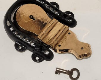 1890's Eagle Solid Brass and Iron Antique Trunk Lock with Receiver & Key