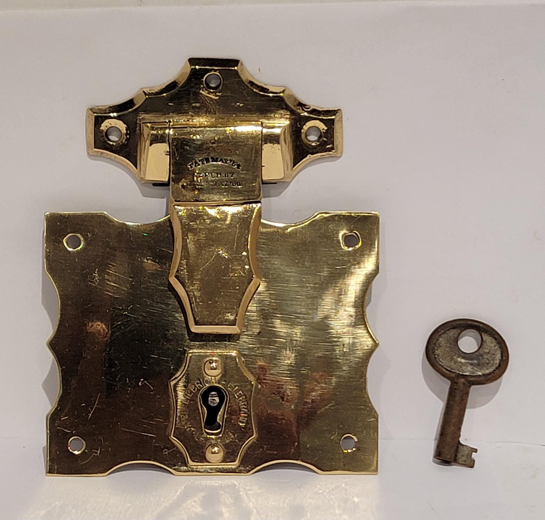 1870's Ornate Antique Solid Brass  Trunk Lock with Key