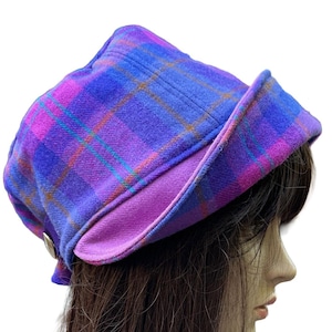 Women’s Wool Plaid Cloche Hat: Adjustable Purple Pink Bucket Hat