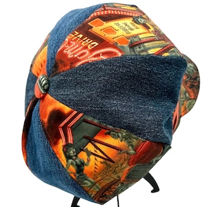 Denim Baker Boy Cap: Zombie Drive-In Print, Oversized Fit