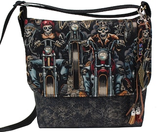 Bolso bandolera de motocicleta del Día de los Muertos: estilo mensajero, correa ajustable, bolsillos y borla.