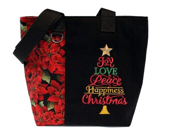 Tote Bag- Holiday Poinsettias- A repurposed denim,  lined totebag.  Eco-Friendly handbags.