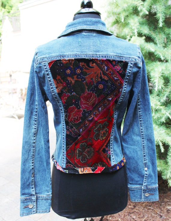 Jean Jacket S Velvet Floral Wearable Art from our | Etsy