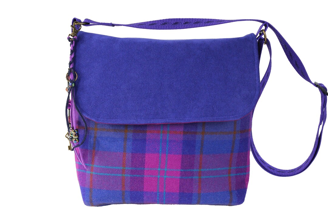 Purple Wool and Suede faux Messenger Style Purse With Adjustable Crossbody Strap, Embellished