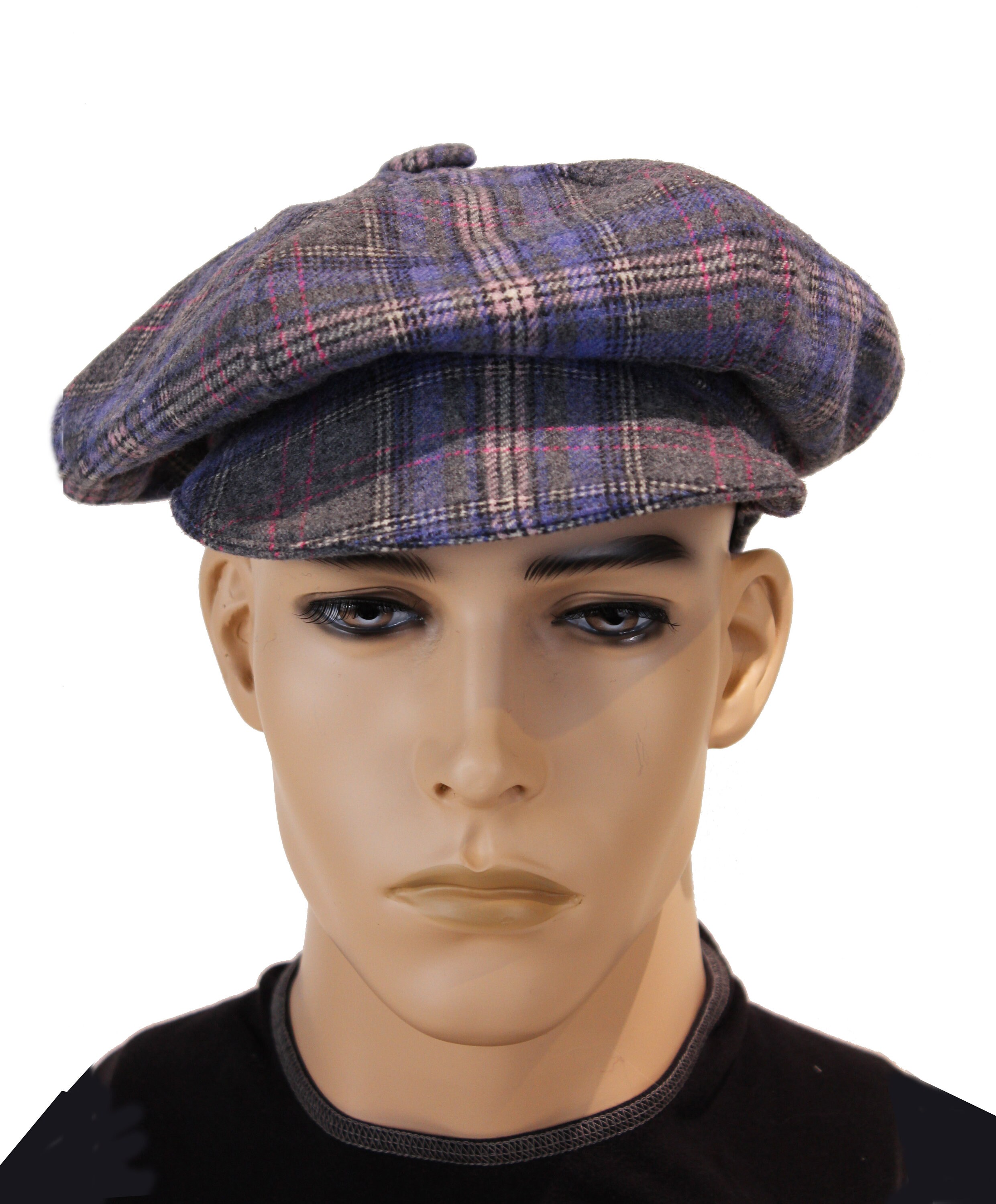 Plaid Wool Newsboy Cap in Purple and Gray with Yellow Accents The Violet Rose Plaid Peaky Boston Scally Cap (Flat Cap  main image 4