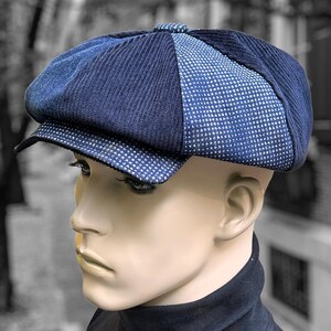 Patchwork Denim & Corduroy Newsboy Hat:  Peaky Blinder, Denim (Size S-M)