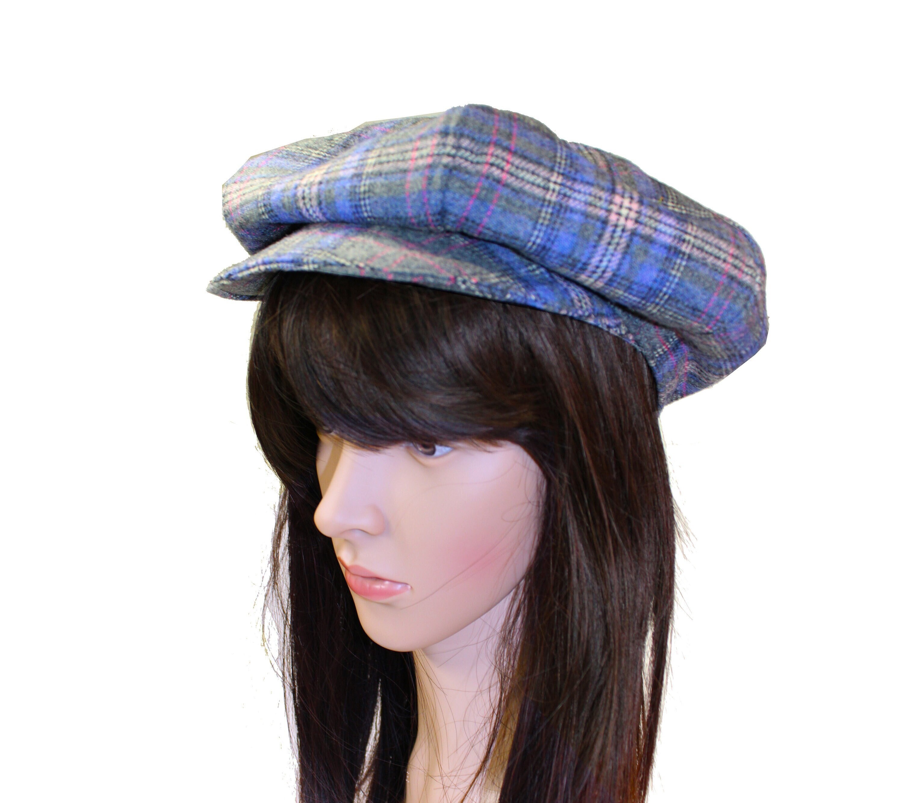 Wool Newsboy Cap (M): Lavender Gray Plaid, Irish Style - Etsy display picture 3