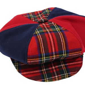 Wool Hat (M) Tri-Color Red, Navy, Plaid - Styled for Men or Women.   Newsboy Cap, Baker Boy Cap, Beret Hat, Irish Style Wool Cap.