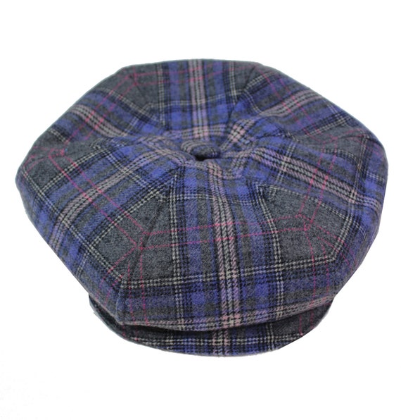 Plaid Wool Newsboy Cap in Purple and Gray with Yellow Accents Custom Handmade Plaid Cotton Seersucker Flat Jeff Cap for  main image 3