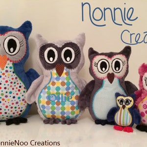 May include: Five plush owl toys in different colours and patterns. The owls are all wearing embroidered eyes and beaks. The owls are arranged in a row from left to right. The text "Nonnie Noo Creations" is visible at the top of the image.